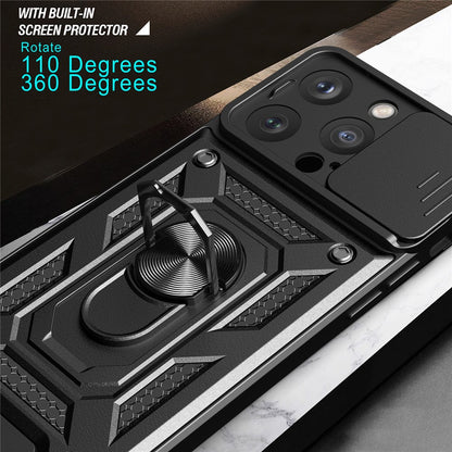 For iPhone 15 Pro Max Camera Lens Slide Design Phone Case PC+TPU Kickstand Cover