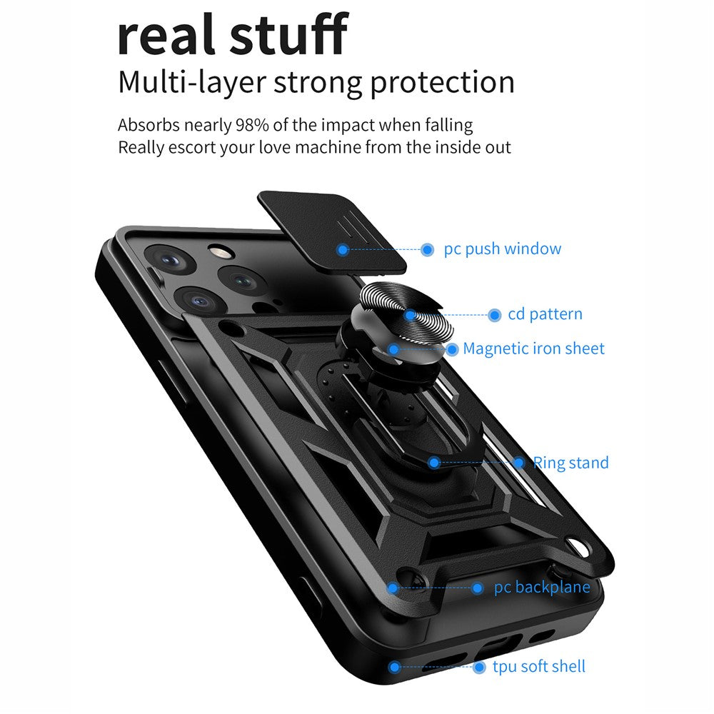 For iPhone 15 Pro Max Camera Lens Slide Design Phone Case PC+TPU Kickstand Cover