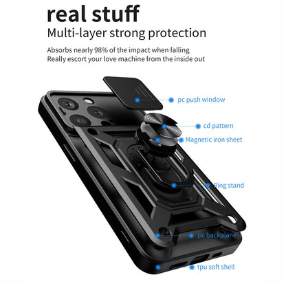For iPhone 15 Pro Max Camera Lens Slide Design Phone Case PC+TPU Kickstand Cover