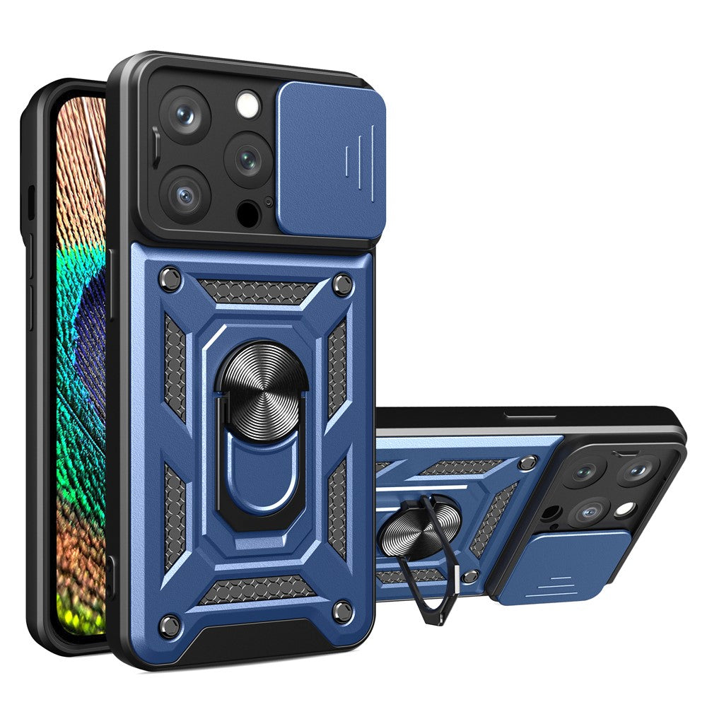For iPhone 15 Pro Max Camera Lens Slide Design Phone Case PC+TPU Kickstand Cover
