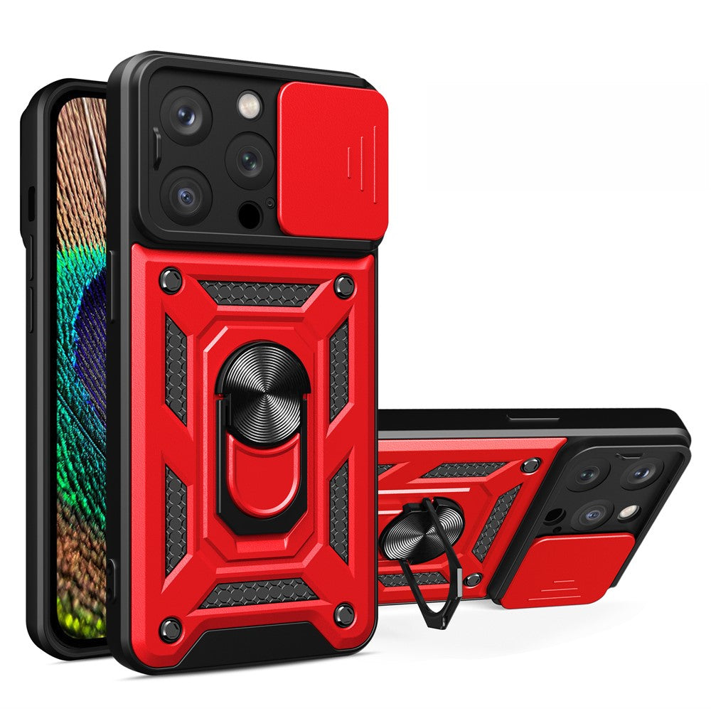 For iPhone 15 Pro Max Camera Lens Slide Design Phone Case PC+TPU Kickstand Cover