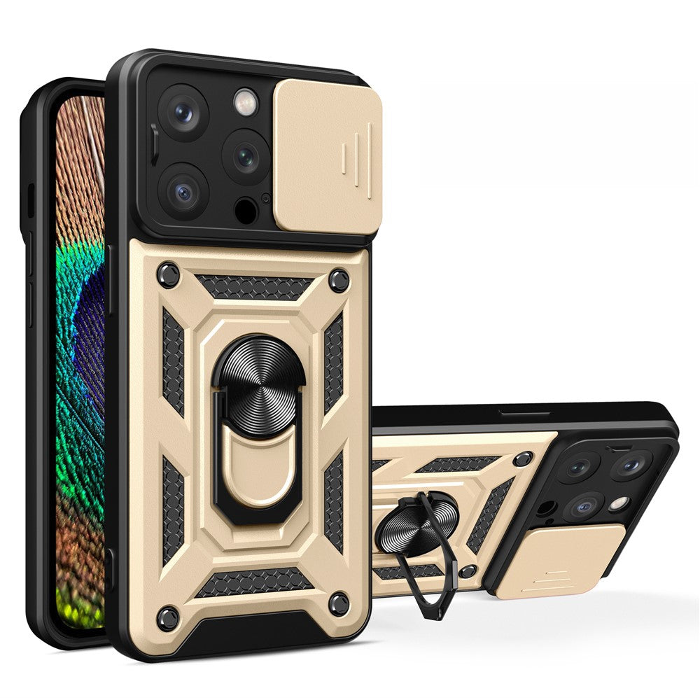 For iPhone 15 Pro Max Camera Lens Slide Design Phone Case PC+TPU Kickstand Cover