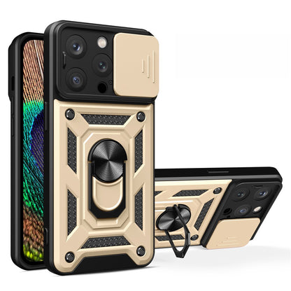 For iPhone 15 Pro Max Camera Lens Slide Design Phone Case PC+TPU Kickstand Cover
