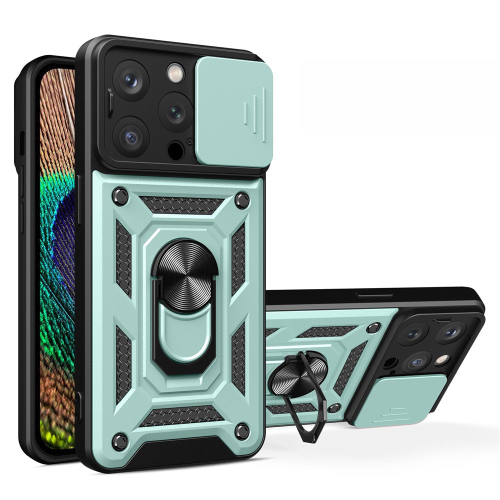 For iPhone 15 Pro Max Camera Lens Slide Design Phone Case PC+TPU Kickstand Cover