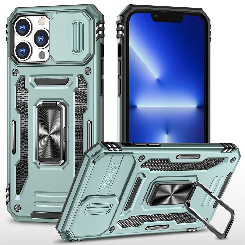 For iPhone 15 Pro Max Armor Series Metal Kickstand Cover Slide Camera Lid PC+TPU Phone Case