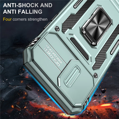 For iPhone 15 Pro Max Armor Series Metal Kickstand Cover Slide Camera Lid PC+TPU Phone Case