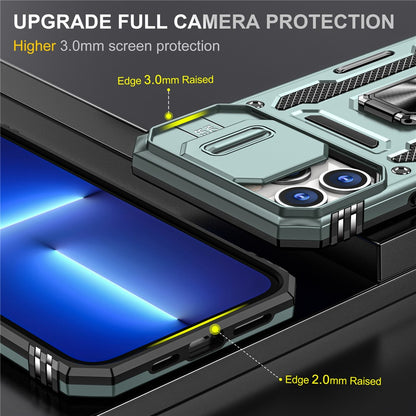 For iPhone 15 Pro Max Armor Series Metal Kickstand Cover Slide Camera Lid PC+TPU Phone Case