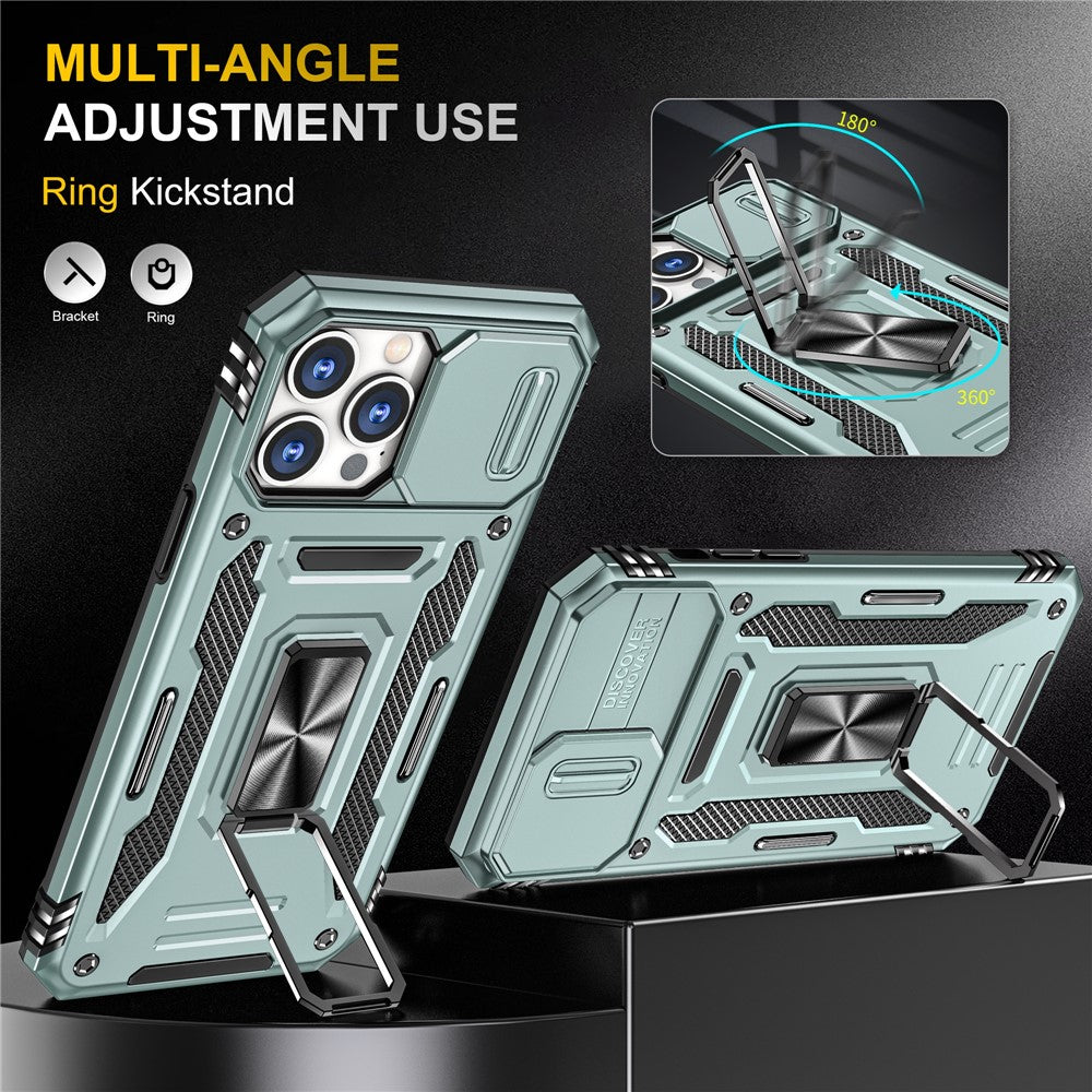 For iPhone 15 Pro Max Armor Series Metal Kickstand Cover Slide Camera Lid PC+TPU Phone Case