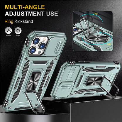 For iPhone 15 Pro Max Armor Series Metal Kickstand Cover Slide Camera Lid PC+TPU Phone Case