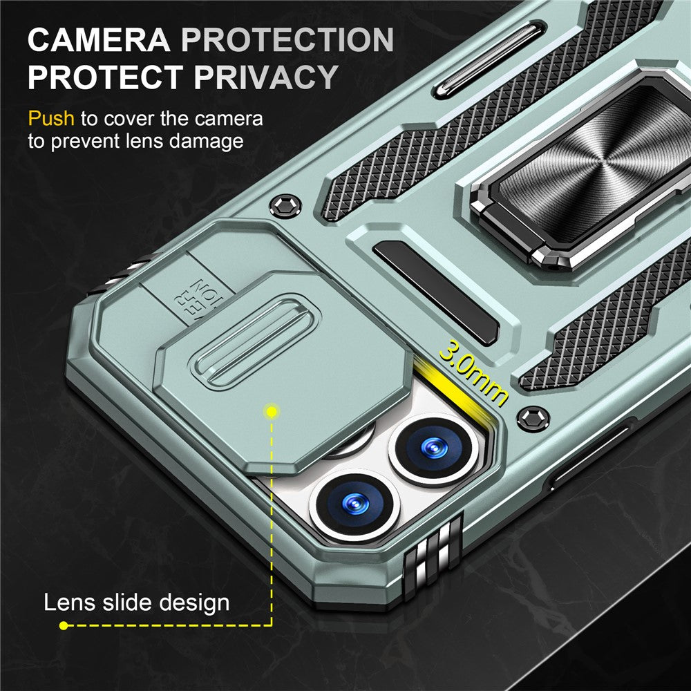 For iPhone 15 Pro Max Armor Series Metal Kickstand Cover Slide Camera Lid PC+TPU Phone Case