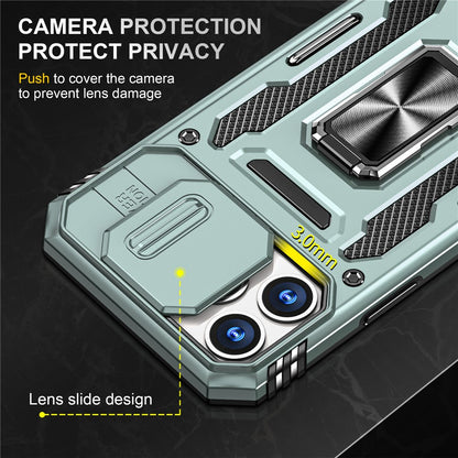 For iPhone 15 Pro Max Armor Series Metal Kickstand Cover Slide Camera Lid PC+TPU Phone Case