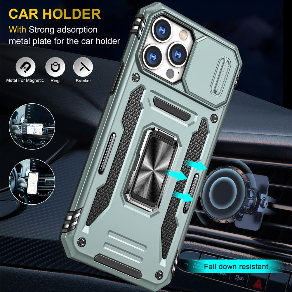 For iPhone 15 Pro Max Armor Series Metal Kickstand Cover Slide Camera Lid PC+TPU Phone Case