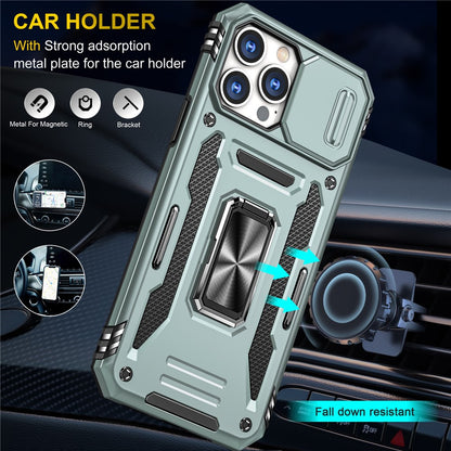 For iPhone 15 Pro Max Armor Series Metal Kickstand Cover Slide Camera Lid PC+TPU Phone Case