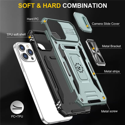 For iPhone 15 Pro Max Armor Series Metal Kickstand Cover Slide Camera Lid PC+TPU Phone Case
