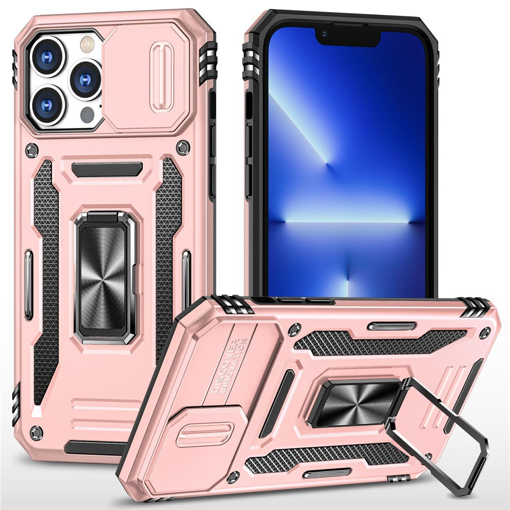 For iPhone 15 Pro Max Armor Series Metal Kickstand Cover Slide Camera Lid PC+TPU Phone Case