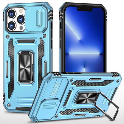 For iPhone 15 Pro Max Armor Series Metal Kickstand Cover Slide Camera Lid PC+TPU Phone Case