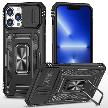 For iPhone 15 Pro Max Armor Series Metal Kickstand Cover Slide Camera Lid PC+TPU Phone Case