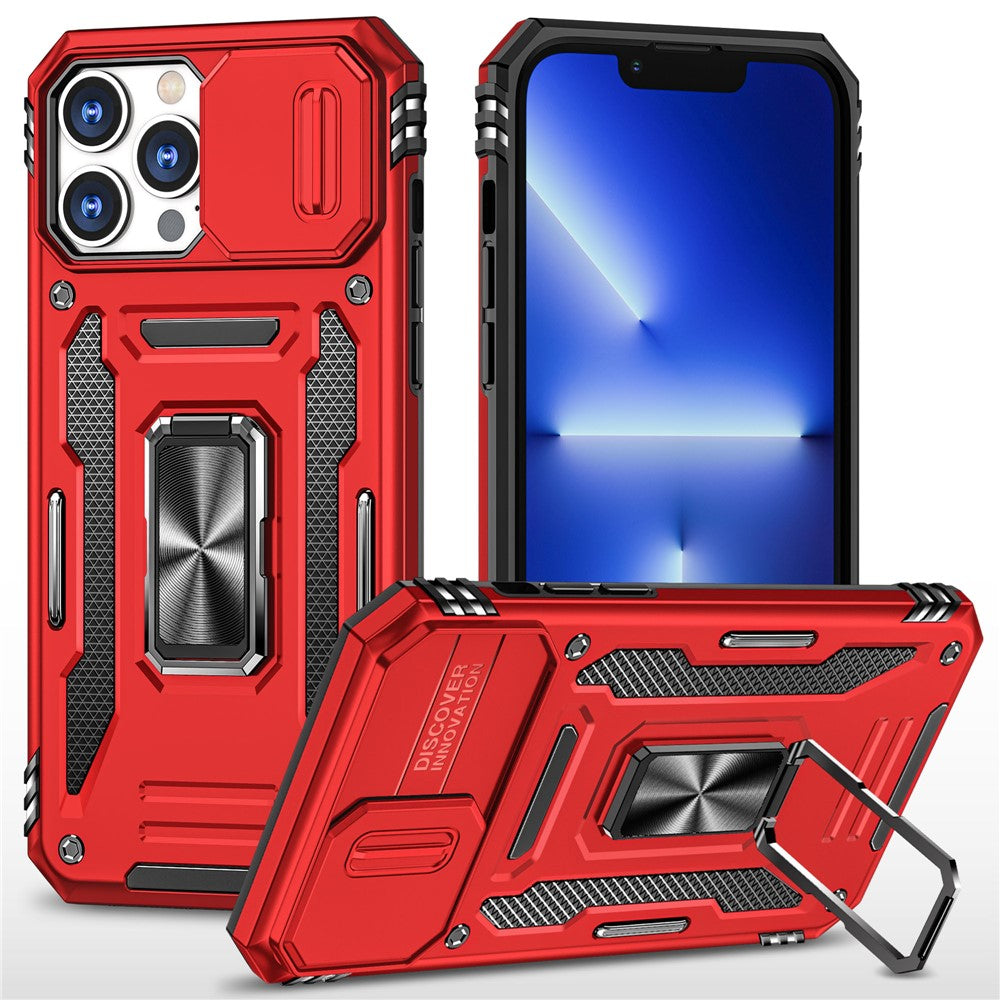 For iPhone 15 Pro Max Armor Series Metal Kickstand Cover Slide Camera Lid PC+TPU Phone Case