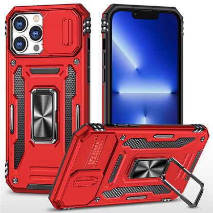 For iPhone 15 Pro Max Armor Series Metal Kickstand Cover Slide Camera Lid PC+TPU Phone Case