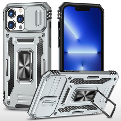 For iPhone 15 Pro Max Armor Series Metal Kickstand Cover Slide Camera Lid PC+TPU Phone Case