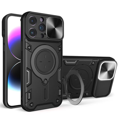 For iPhone 15 Pro Max Slide Camera Lid PC+TPU Anti-drop Cover Ring Kickstand Phone Case