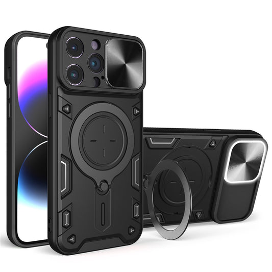For iPhone 15 Pro Max Slide Camera Lid PC+TPU Anti-drop Cover Ring Kickstand Phone Case