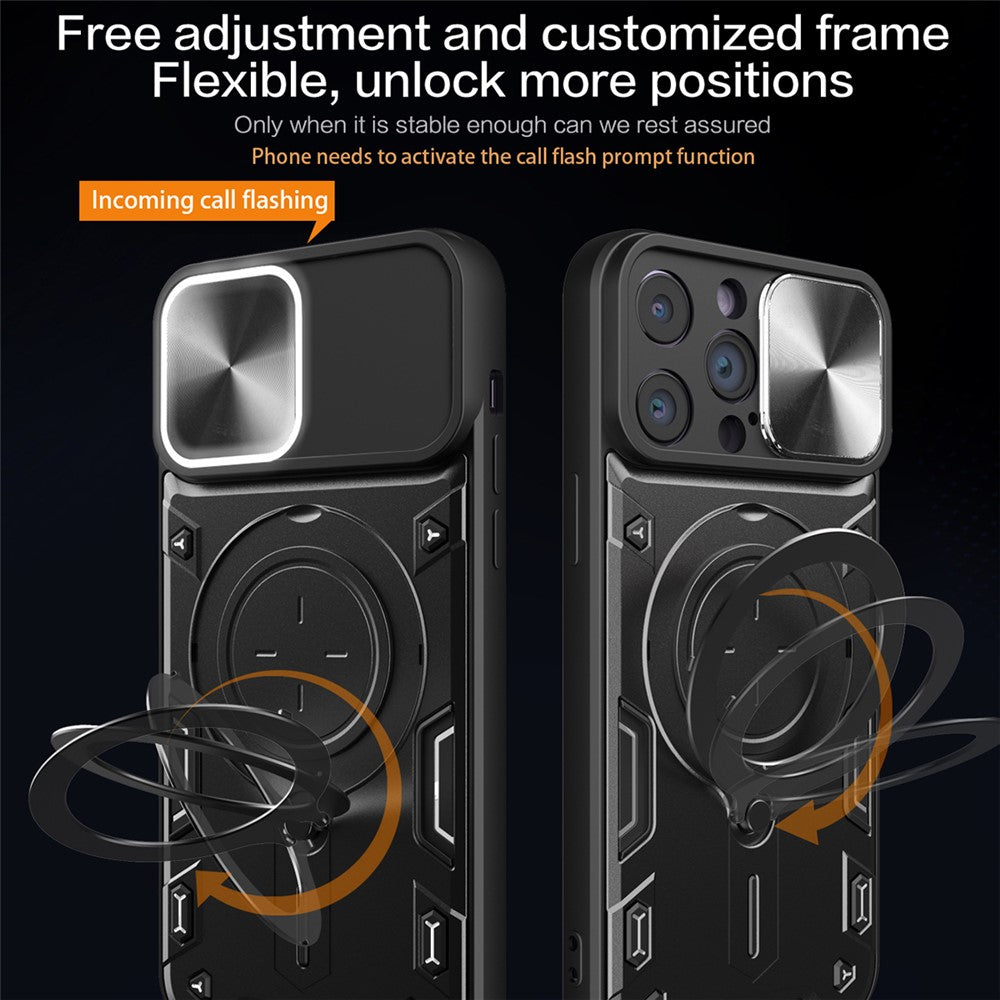 For iPhone 15 Pro Max Slide Camera Lid PC+TPU Anti-drop Cover Ring Kickstand Phone Case
