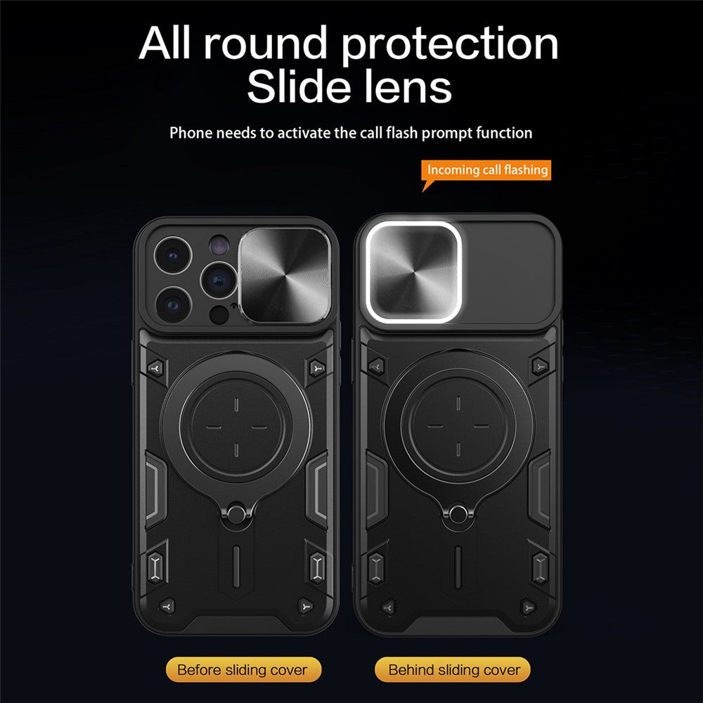 For iPhone 15 Pro Max Slide Camera Lid PC+TPU Anti-drop Cover Ring Kickstand Phone Case