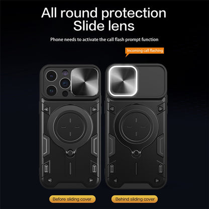For iPhone 15 Pro Max Slide Camera Lid PC+TPU Anti-drop Cover Ring Kickstand Phone Case