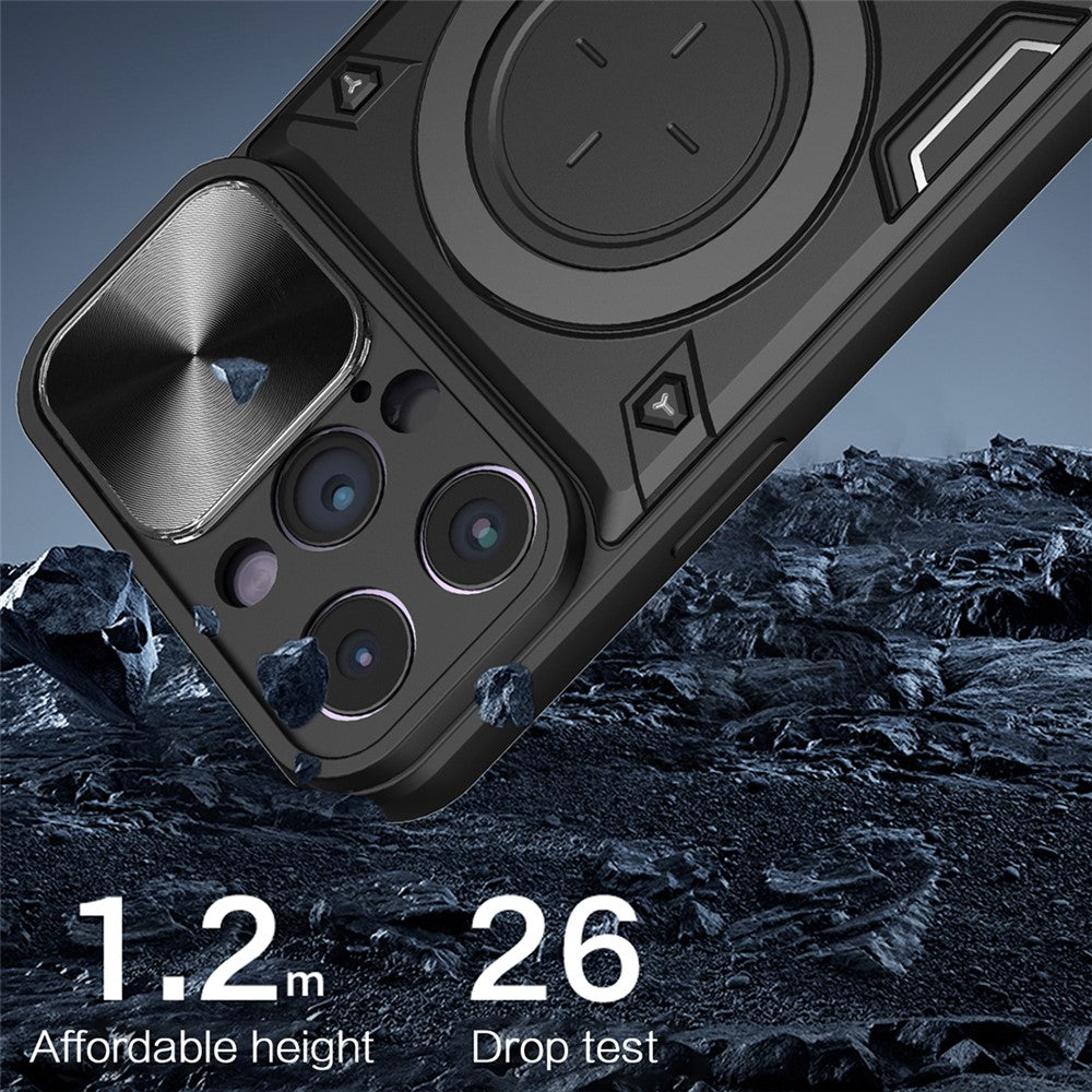 For iPhone 15 Pro Max Slide Camera Lid PC+TPU Anti-drop Cover Ring Kickstand Phone Case
