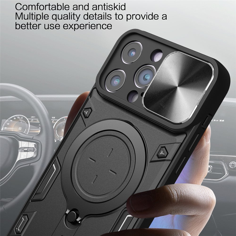 For iPhone 15 Pro Max Slide Camera Lid PC+TPU Anti-drop Cover Ring Kickstand Phone Case