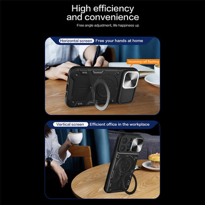 For iPhone 15 Pro Max Slide Camera Lid PC+TPU Anti-drop Cover Ring Kickstand Phone Case