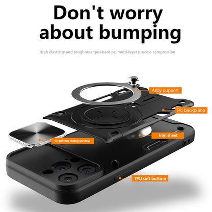 For iPhone 15 Pro Max Slide Camera Lid PC+TPU Anti-drop Cover Ring Kickstand Phone Case