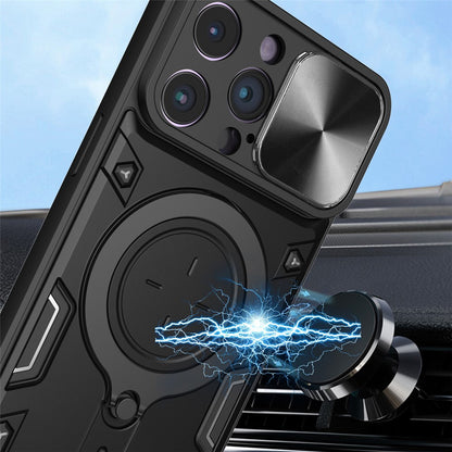 For iPhone 15 Pro Max Slide Camera Lid PC+TPU Anti-drop Cover Ring Kickstand Phone Case