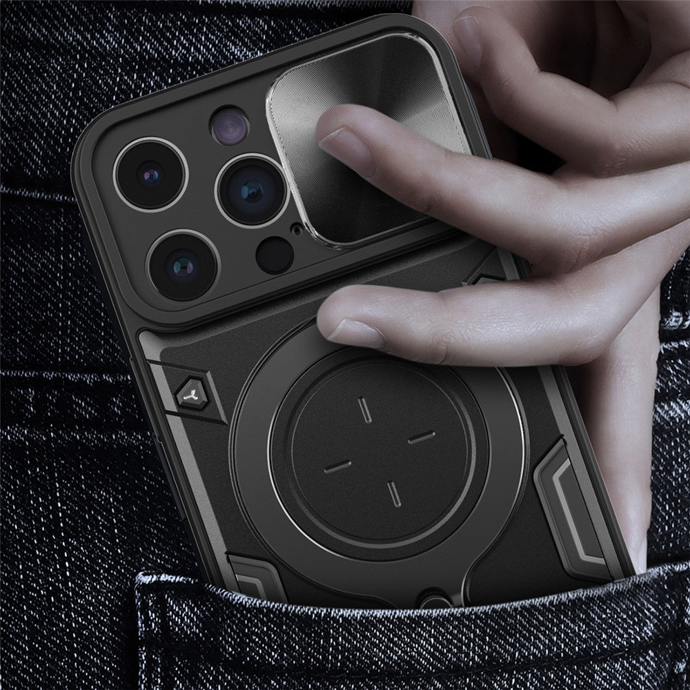 For iPhone 15 Pro Max Slide Camera Lid PC+TPU Anti-drop Cover Ring Kickstand Phone Case