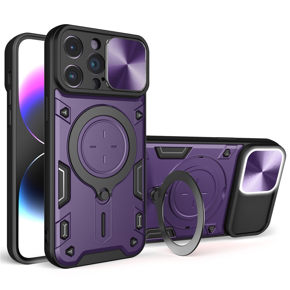 For iPhone 15 Pro Max Slide Camera Lid PC+TPU Anti-drop Cover Ring Kickstand Phone Case
