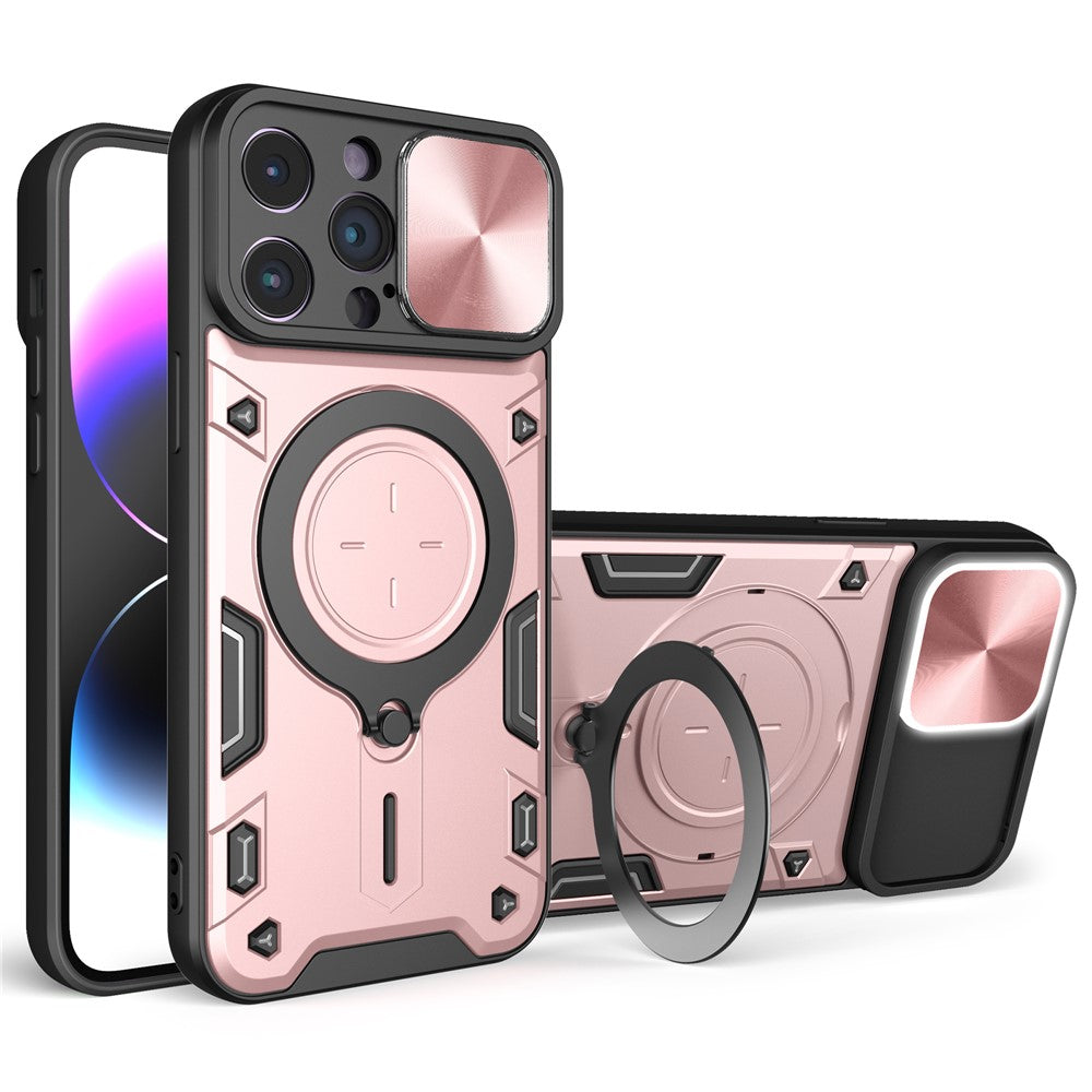 For iPhone 15 Pro Max Slide Camera Lid PC+TPU Anti-drop Cover Ring Kickstand Phone Case