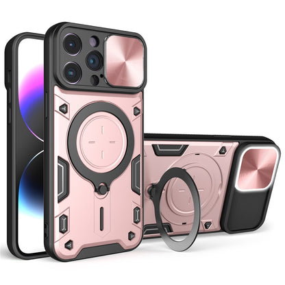 For iPhone 15 Pro Max Slide Camera Lid PC+TPU Anti-drop Cover Ring Kickstand Phone Case