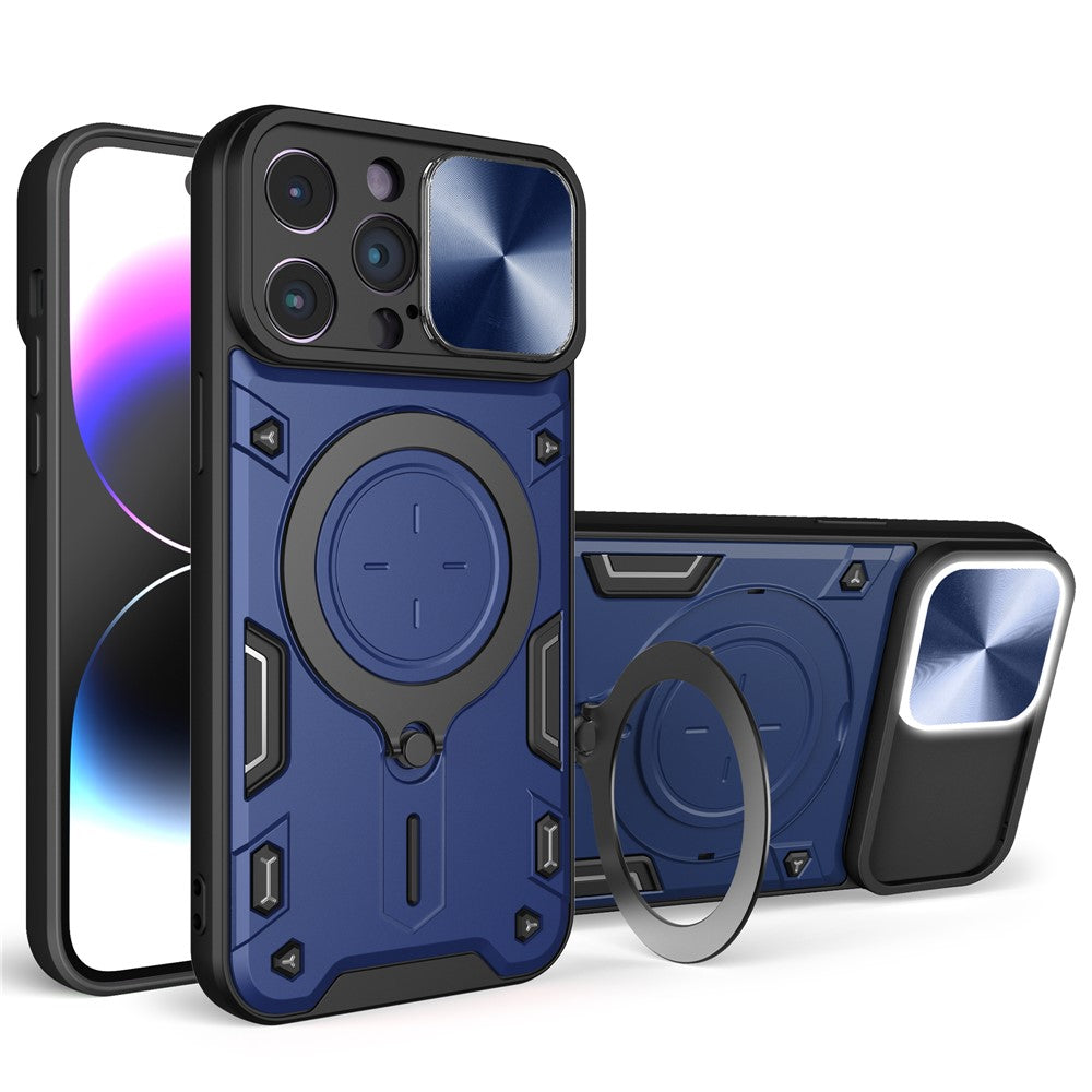 For iPhone 15 Pro Max Slide Camera Lid PC+TPU Anti-drop Cover Ring Kickstand Phone Case