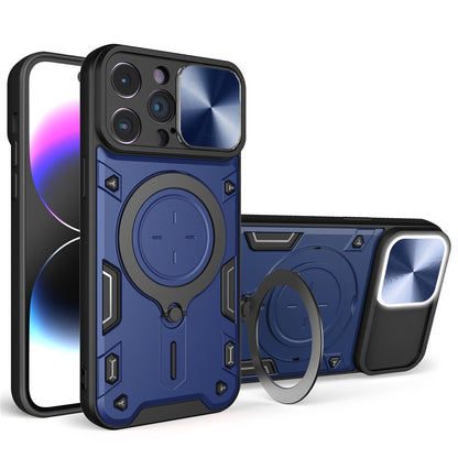 For iPhone 15 Pro Max Slide Camera Lid PC+TPU Anti-drop Cover Ring Kickstand Phone Case