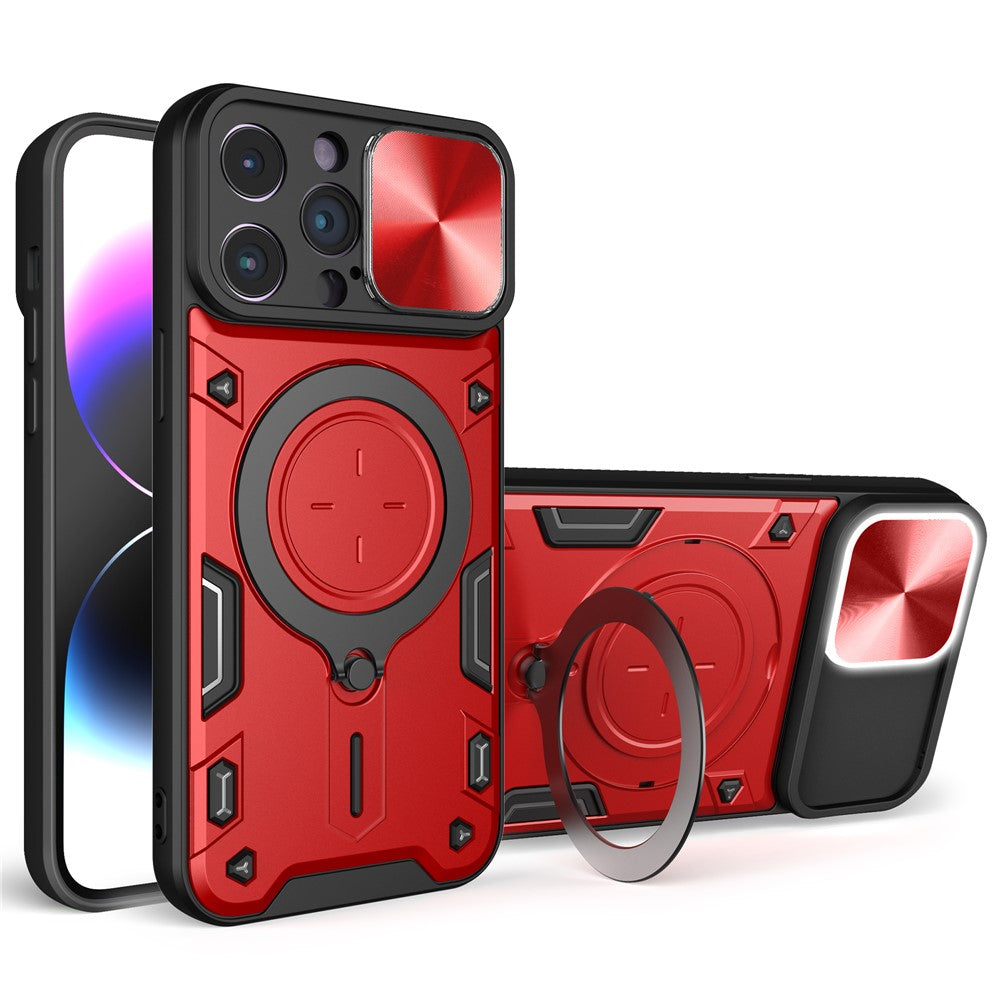 For iPhone 15 Pro Max Slide Camera Lid PC+TPU Anti-drop Cover Ring Kickstand Phone Case