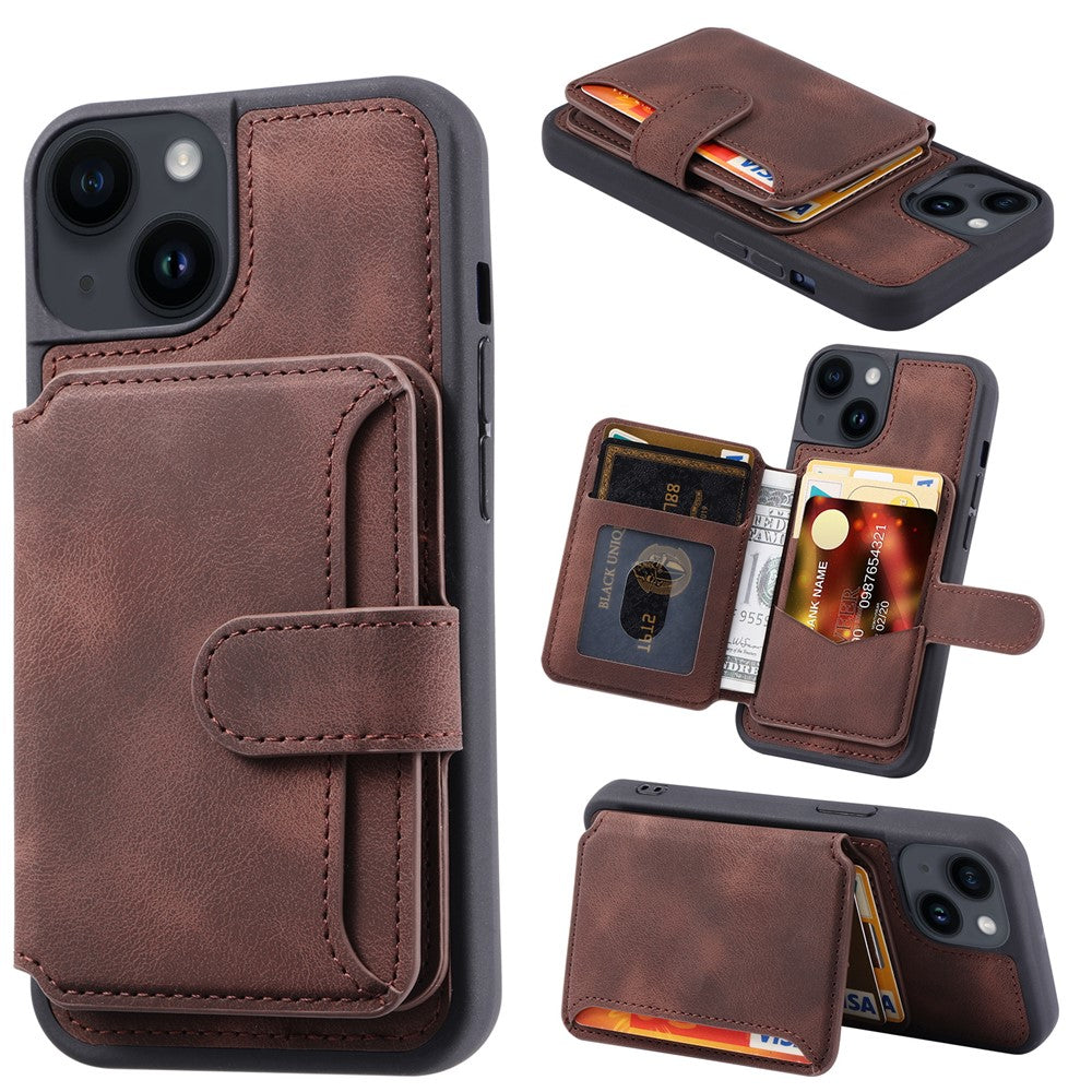 For iPhone 15 Anti-drop Leather Coated TPU Phone Case RFID Blocking Wallet Cover with Kickstand