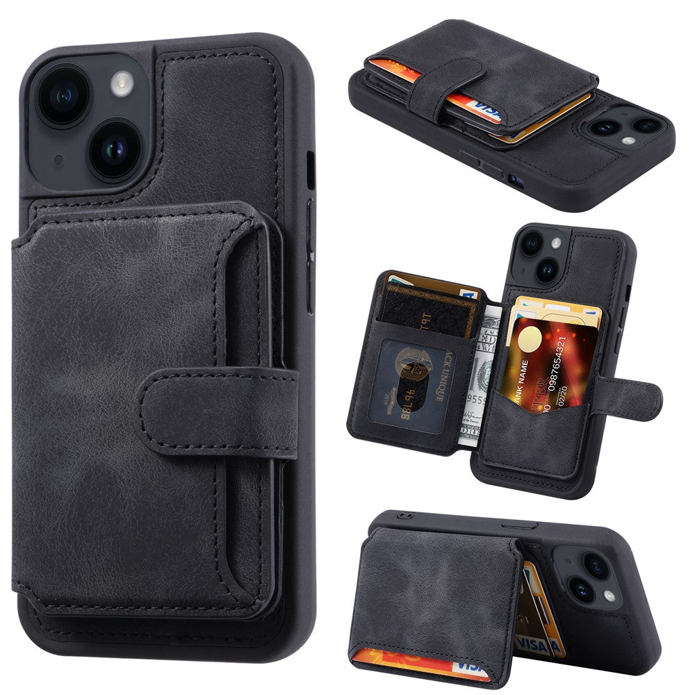 For iPhone 15 Anti-drop Leather Coated TPU Phone Case RFID Blocking Wallet Cover with Kickstand