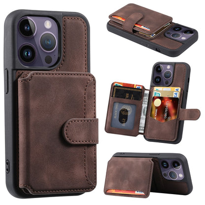 For iPhone 15 Pro Max Leather Coated TPU Phone Case RFID Blocking Wallet Anti-fall Cover with Kickstand