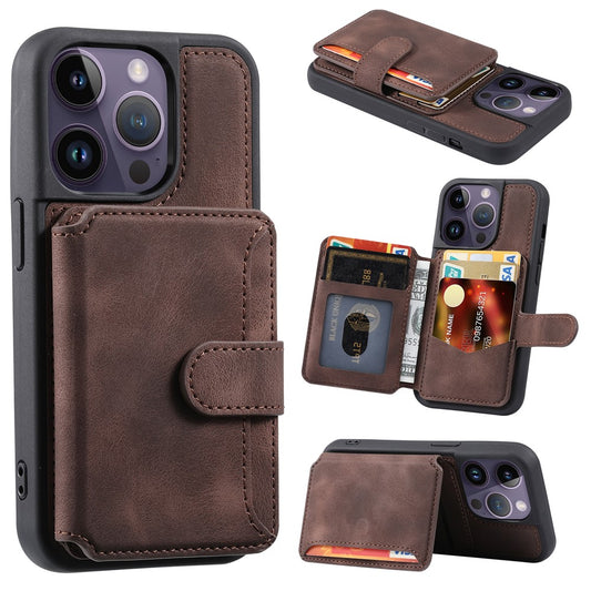 For iPhone 15 Pro Max Leather Coated TPU Phone Case RFID Blocking Wallet Anti-fall Cover with Kickstand