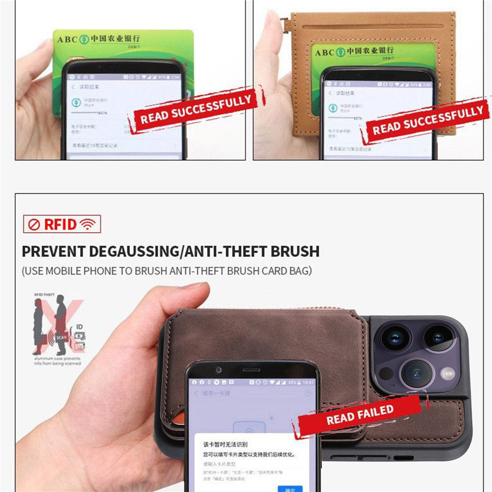 For iPhone 15 Pro Max Leather Coated TPU Phone Case RFID Blocking Wallet Anti-fall Cover with Kickstand
