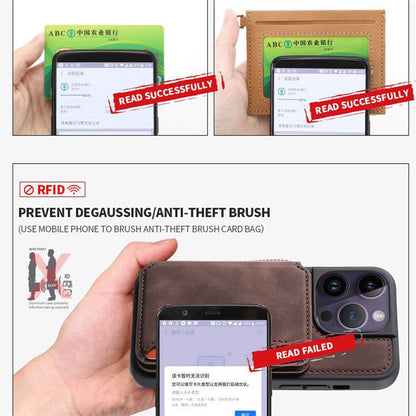 For iPhone 15 Pro Max Leather Coated TPU Phone Case RFID Blocking Wallet Anti-fall Cover with Kickstand