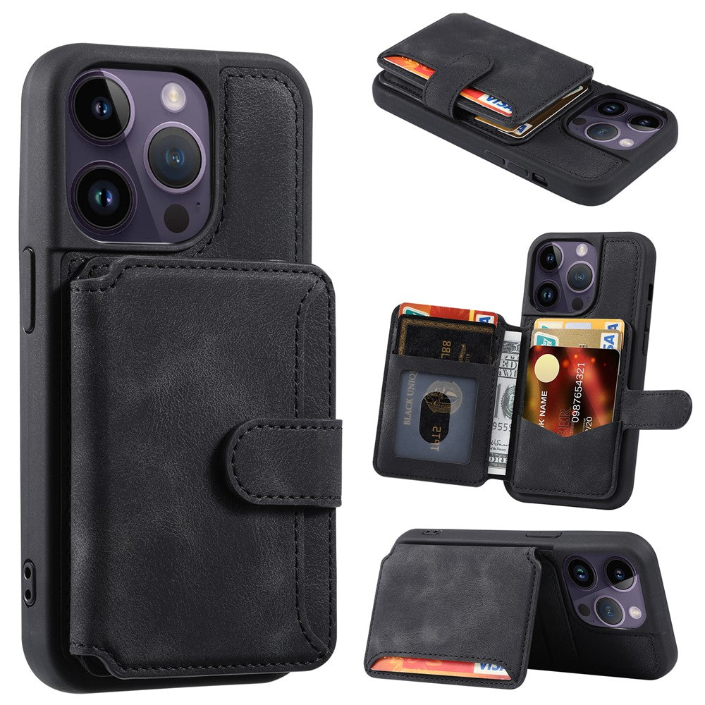 For iPhone 15 Pro Max Leather Coated TPU Phone Case RFID Blocking Wallet Anti-fall Cover with Kickstand