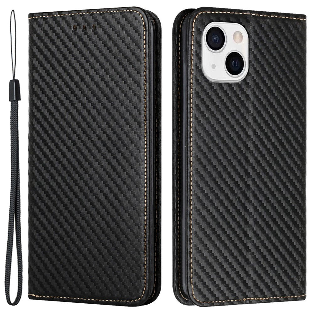 For iPhone 15 Carbon Fiber Texture PU Leather+TPU Wallet Case Viewing Stand Phone Cover
