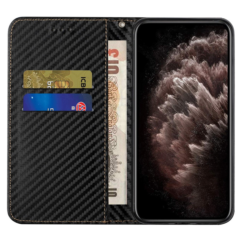 For iPhone 15 Carbon Fiber Texture PU Leather+TPU Wallet Case Viewing Stand Phone Cover